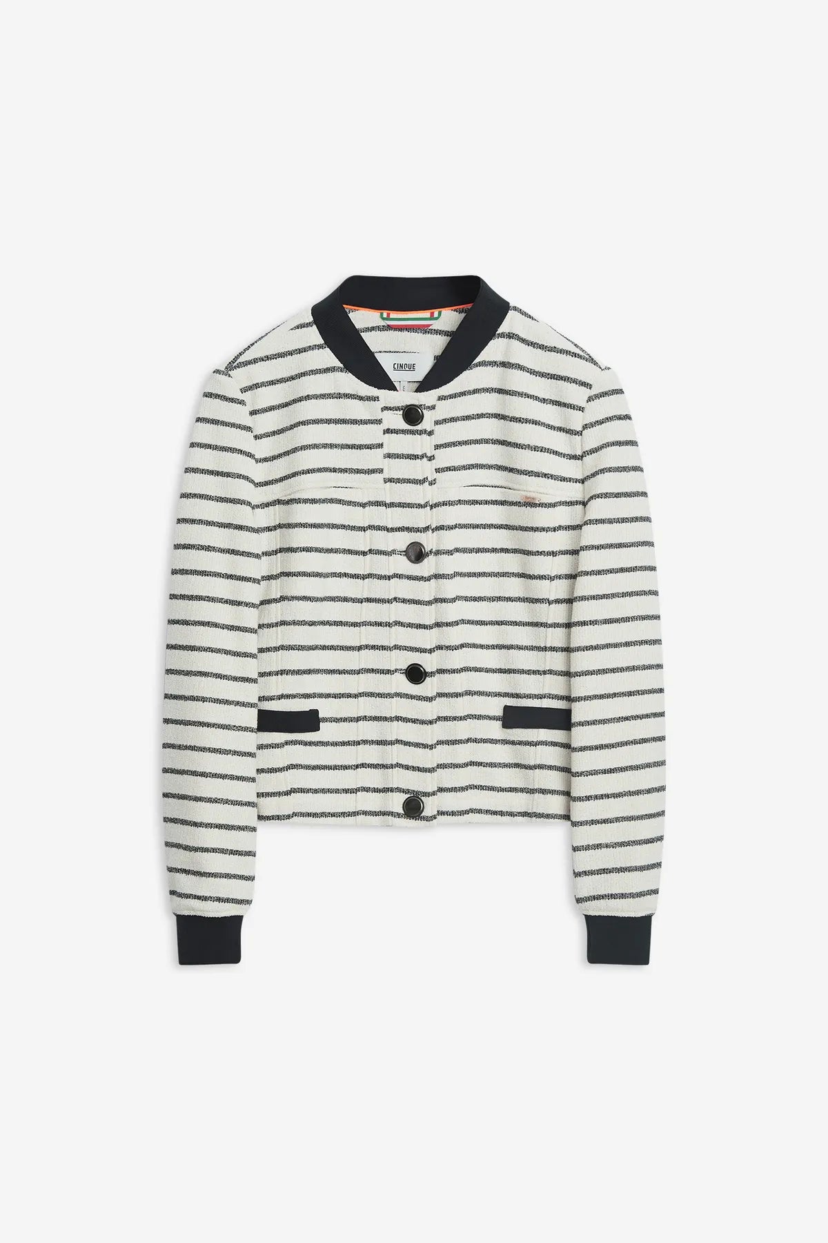 CINQUE 12156213 CIBABOA Damen Jersey-Bouclé-Jacke Streifen-Muster Schwarz-Weiß
