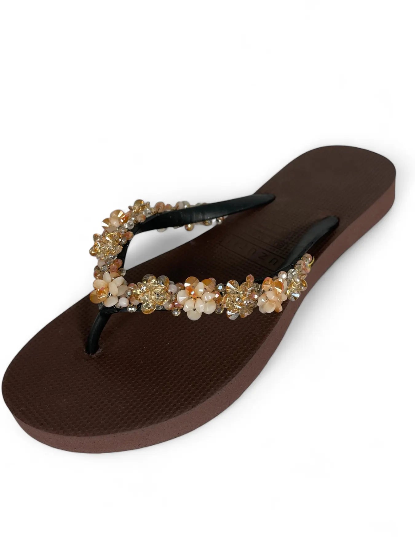 UZURII KOSTBARES BLOOM GOLD Damen Luxury Zehentrenner Ziersteine Coffee