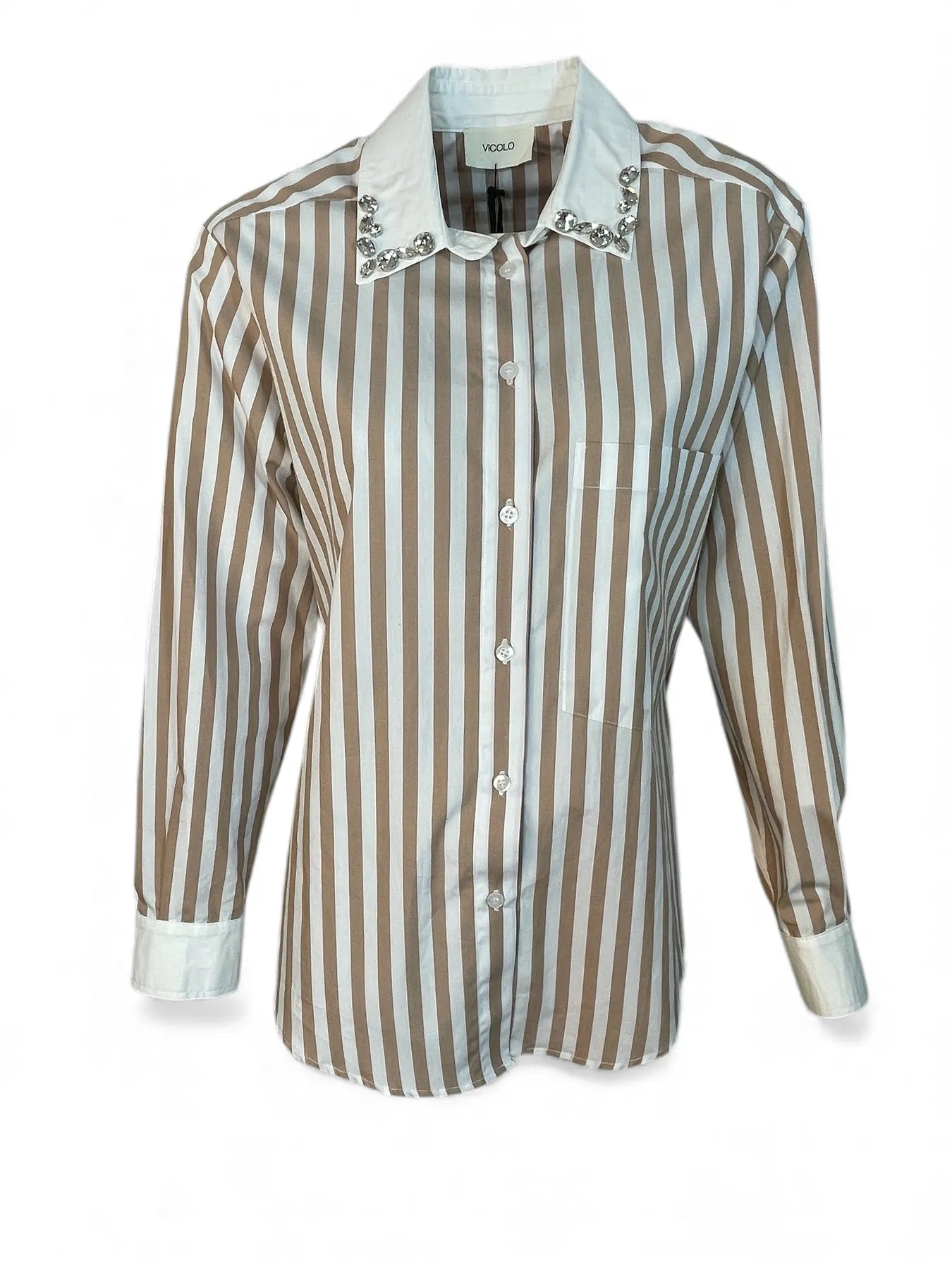 VICOLO RF0004 BLUSE MIT STREIFEN STRASS BEIGE