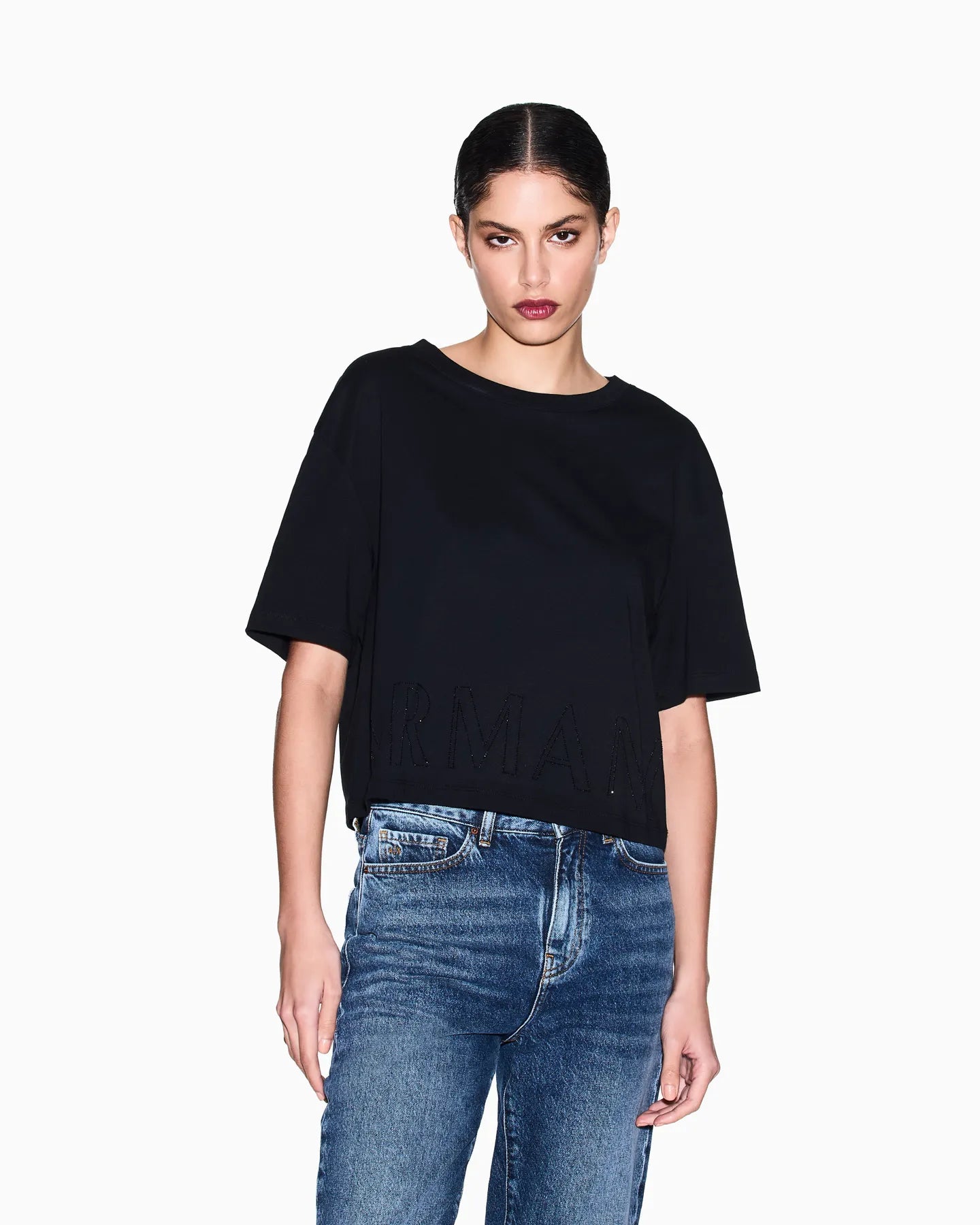 ARMANI XW001709 AF17172 Cropped Logo T-Shirt Black UC001