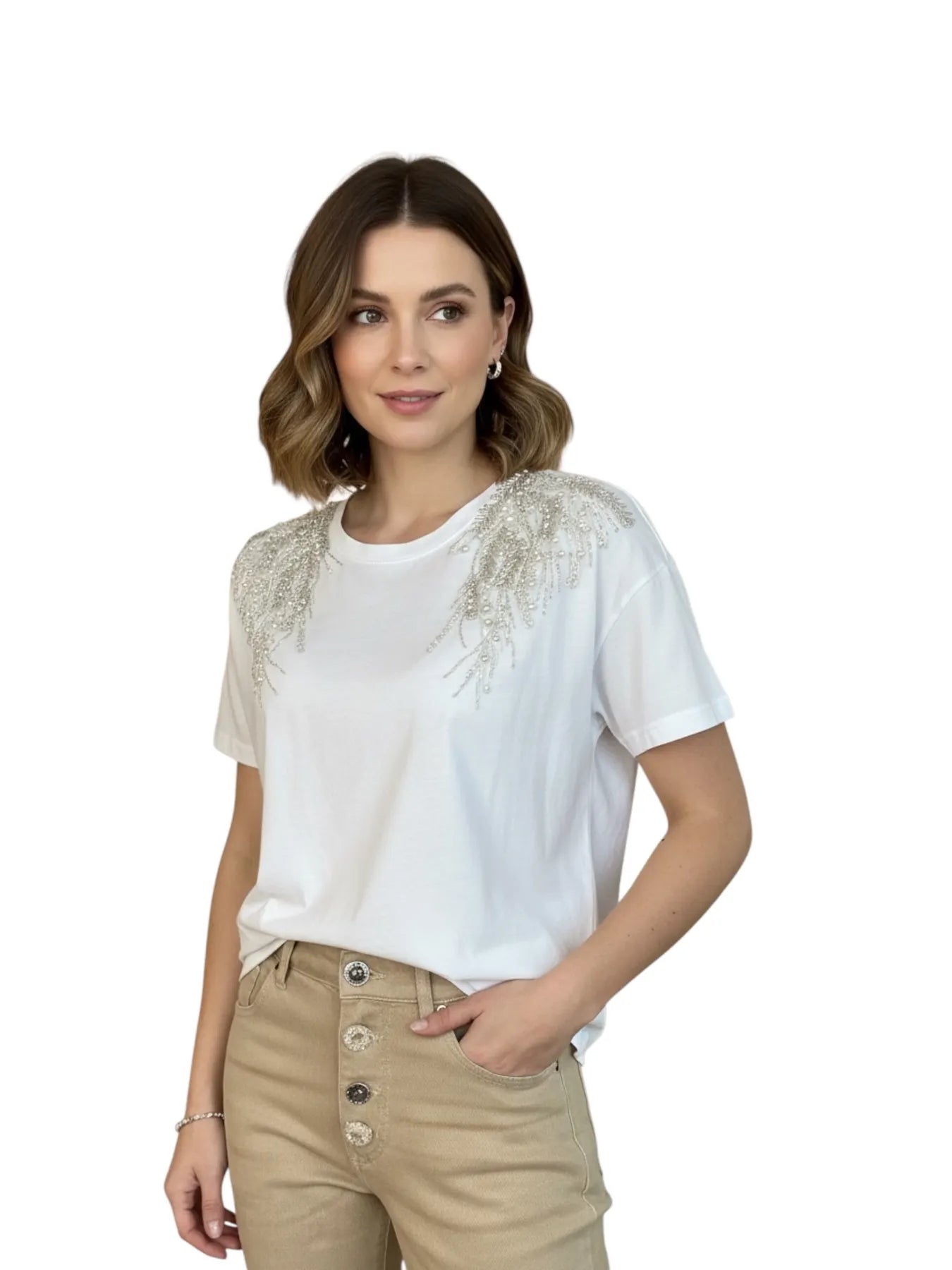 VICOLO RAB0001 DAMEN T-SHIRT STRASS PAILLETTEN WEISS