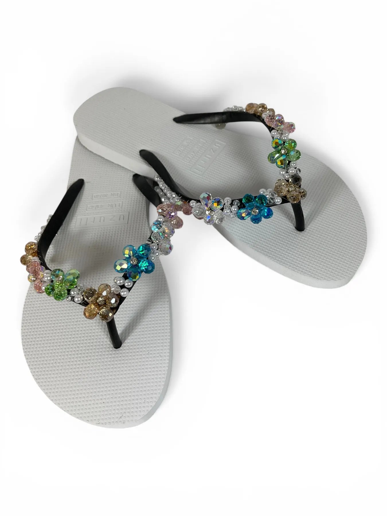 UZURII PRECIOUS COLORFUL BLOOM DAMEN FLIP FLOPS BADE ZEHENTRENNER STRASSSTEINE WHITE