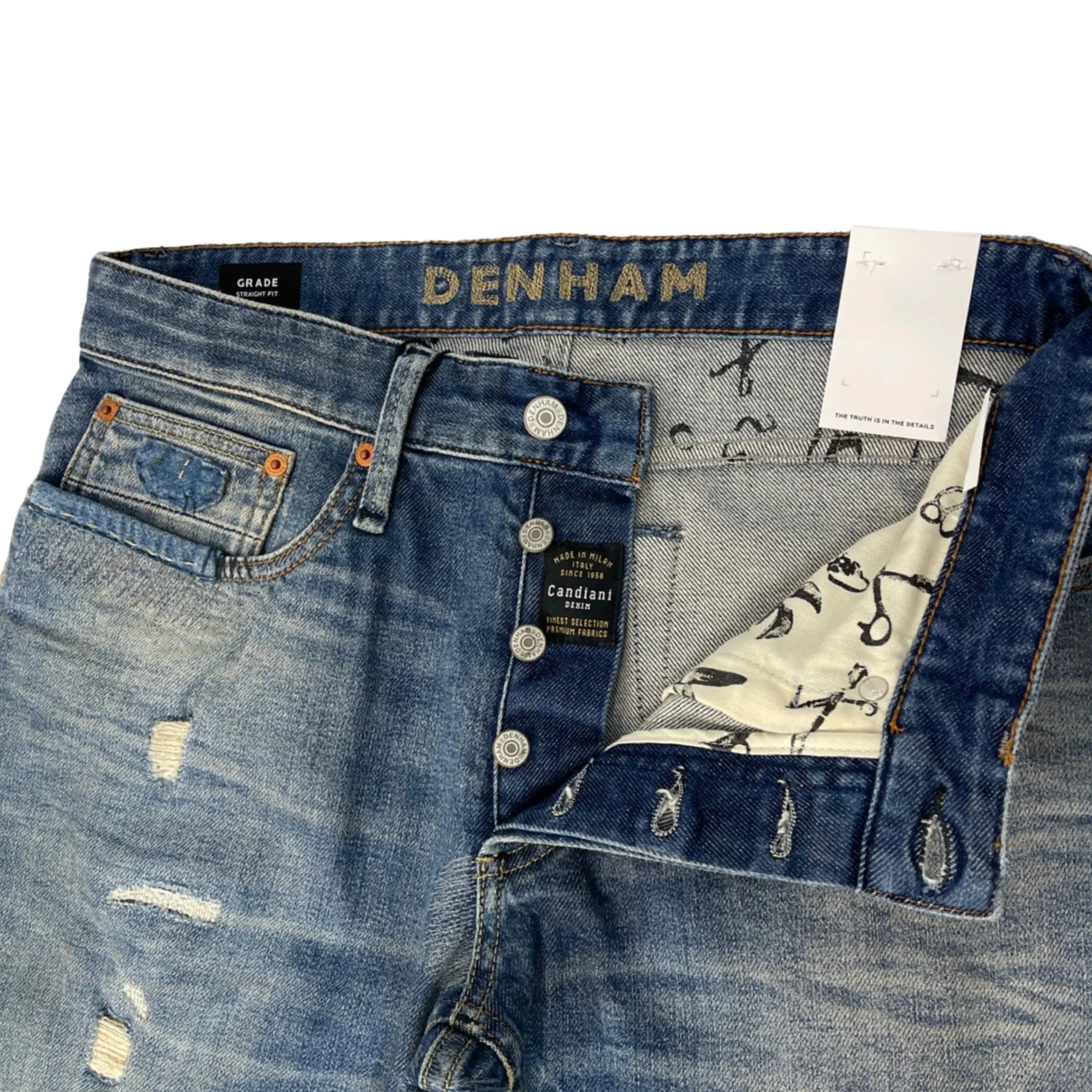 DENHAM 01-23-10-11-047 GRADE 15YA HERREN JEANS MIT KNOPFLEISTE DESTROYED STRAIGHT FIT DARK BLUE