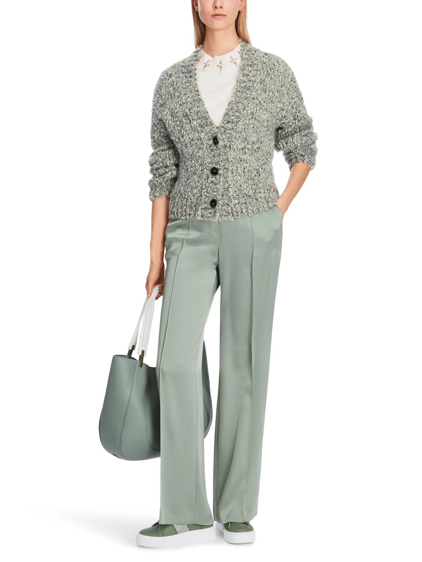MARC CAIN XC 39.06 M13 Oversized Cardigan Knitted in Germany Frozen Sage Grün