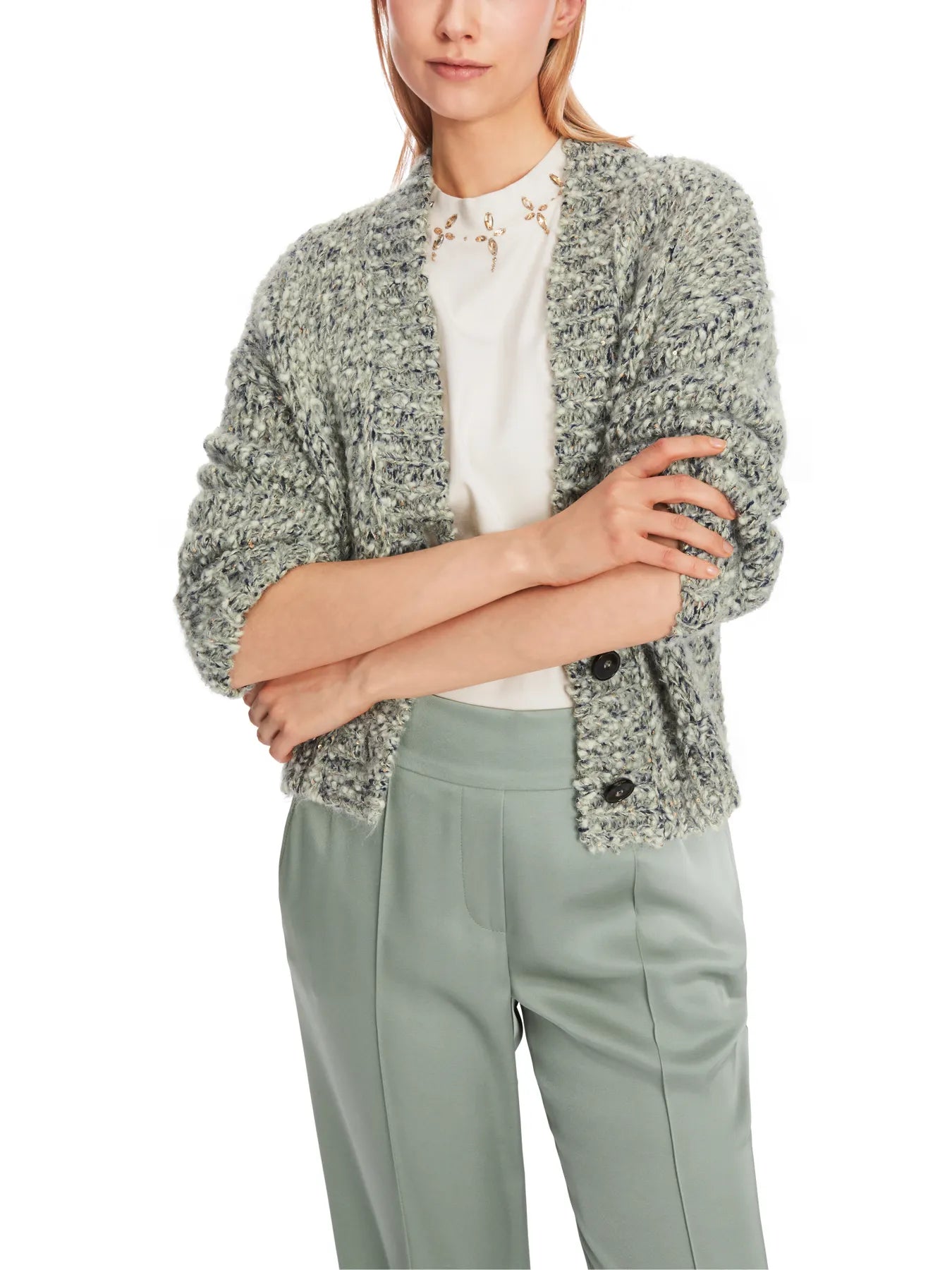 MARC CAIN XC 39.06 M13 Oversized Cardigan Knitted in Germany Frozen Sage Grün