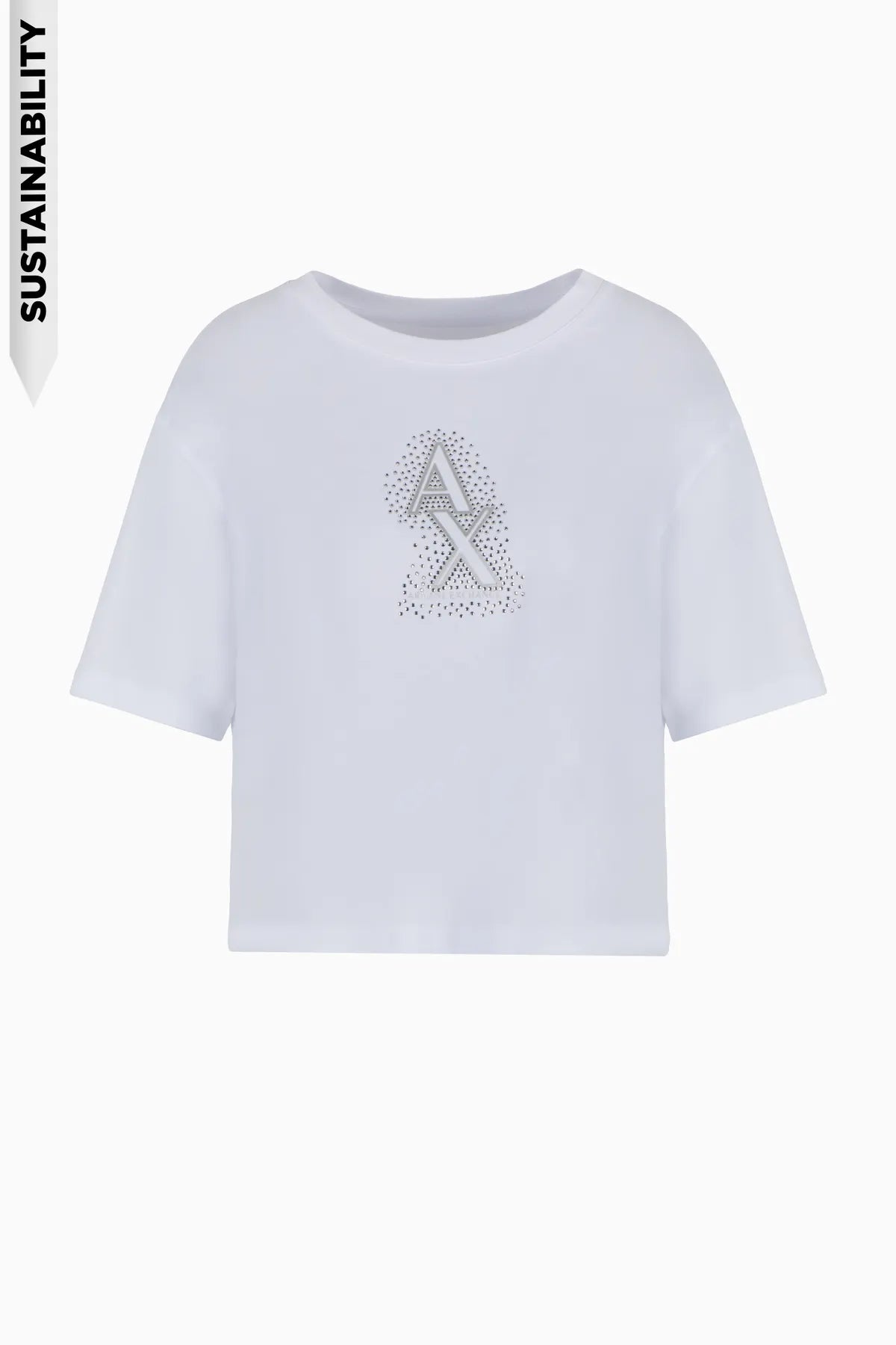 ARMANI XW000102 AF10359 Cropped T-Shirt mit Strass-Logo Weiß