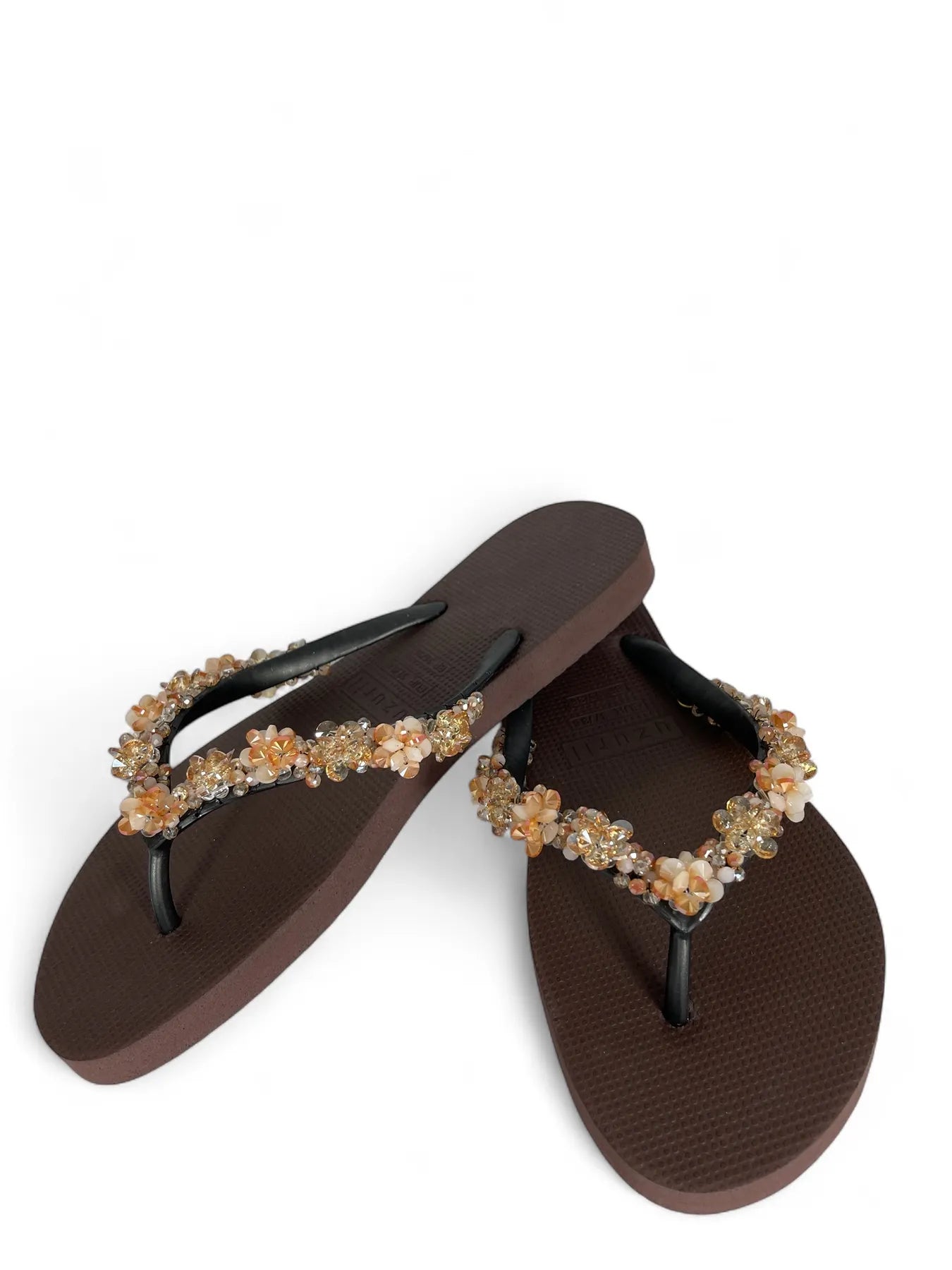 UZURII KOSTBARES BLOOM GOLD Damen Luxury Zehentrenner Ziersteine Coffee