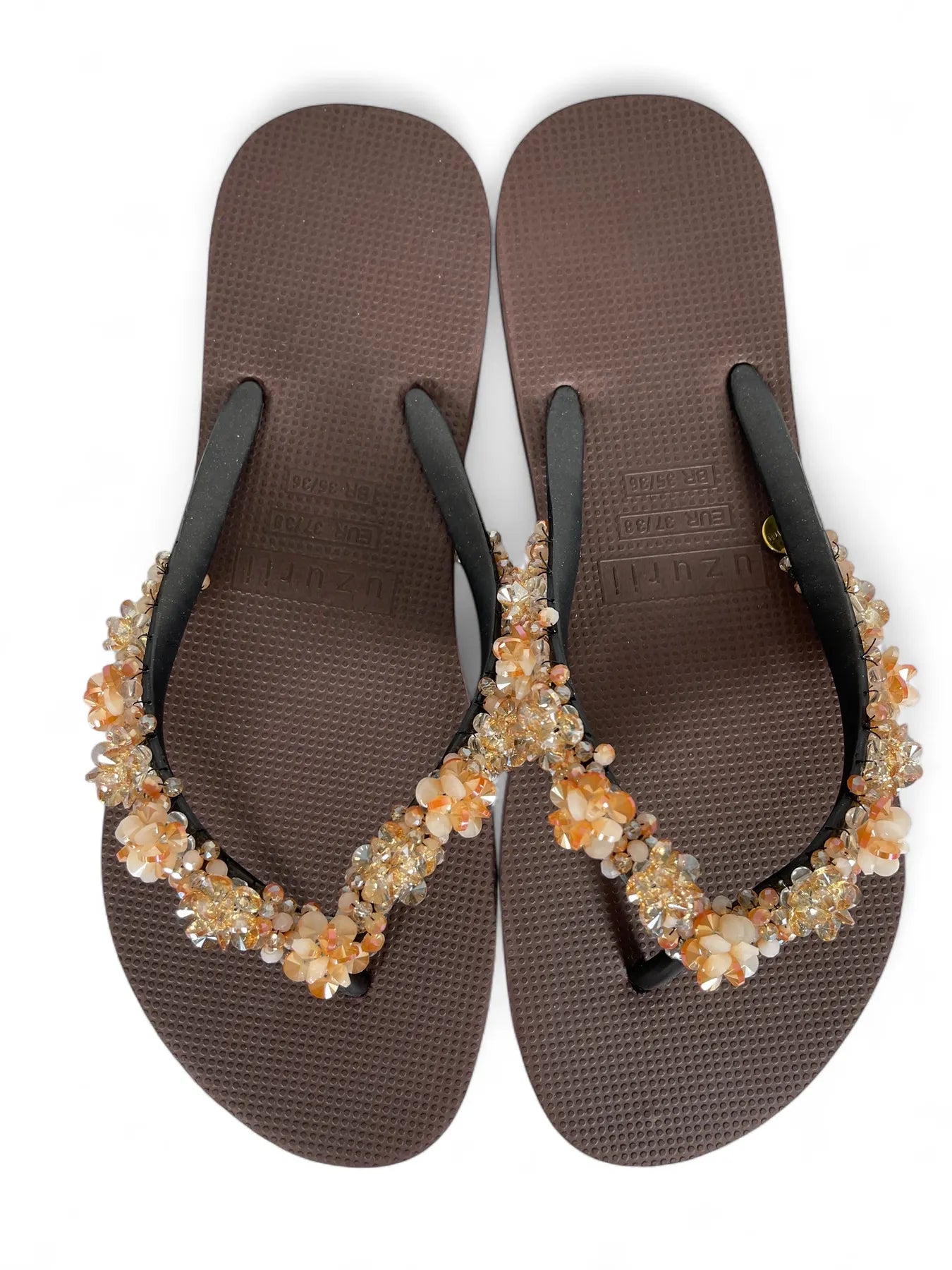 UZURII KOSTBARES BLOOM GOLD Damen Luxury Zehentrenner Ziersteine Coffee