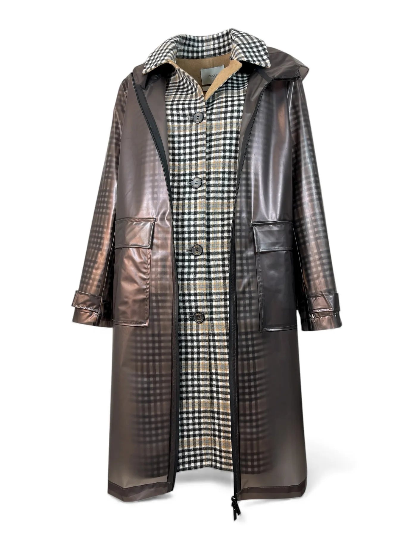 VICOLO TF0020  2-in-1 Mantel Wolle/Regenmantel Karomuster Braun