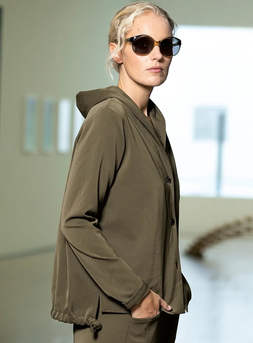 ANIA SCHIERHOLT BL3328/55 Damen Bluse mit Kapuze langer Arm Oliv CAPER