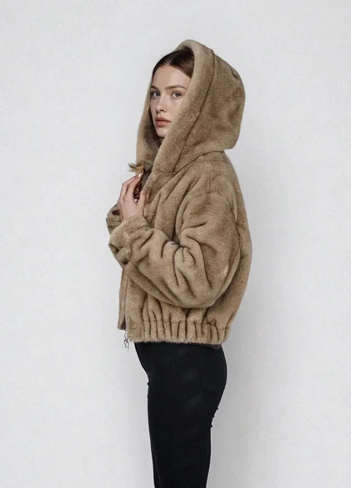 BLONDE LUISA kurze Kunstfell Jacke mit Kapuze Braun 5900