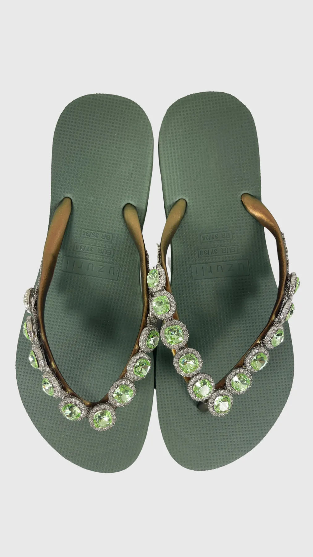 UZURII BEATRIX DAMEN FLIP FLOPS BADE ZEHENTRENNER STRASSSTEINE ARMY GREEN