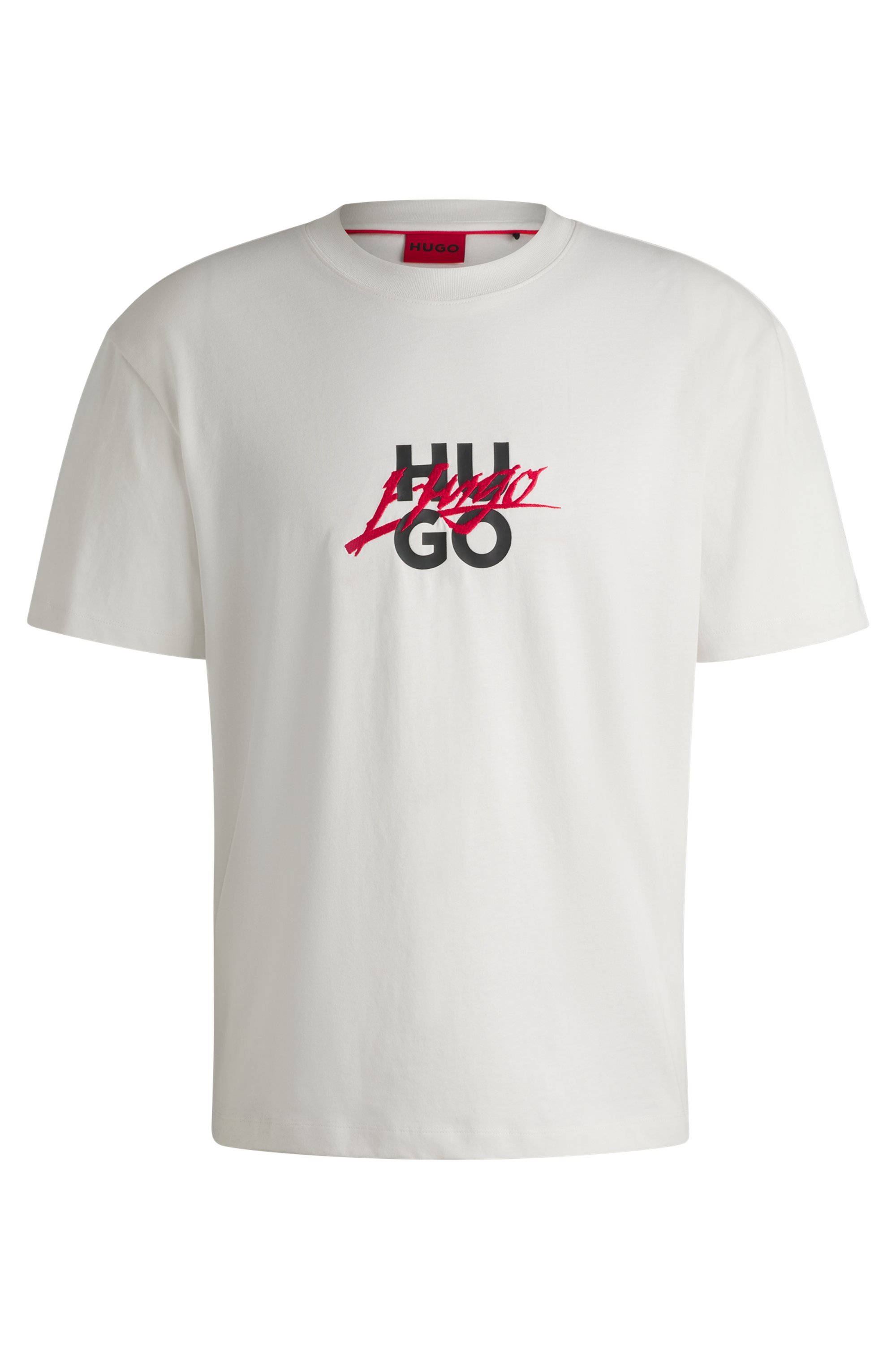 HUGO 50521076 Dlongny Herren T-Shirt aus Baumwoll-Jersey mit Doppel-Logo