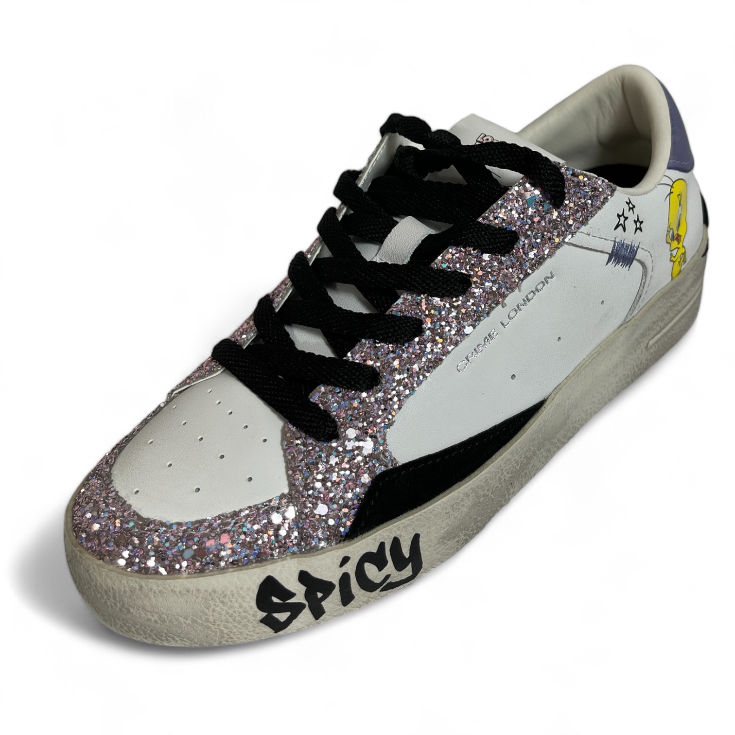 CRIME LONDON 88100AA7 SK8 DELUXE DAMEN SNEAKER AUS ROSAFARBENEM GLITZER COMIC BLACK-WHITE