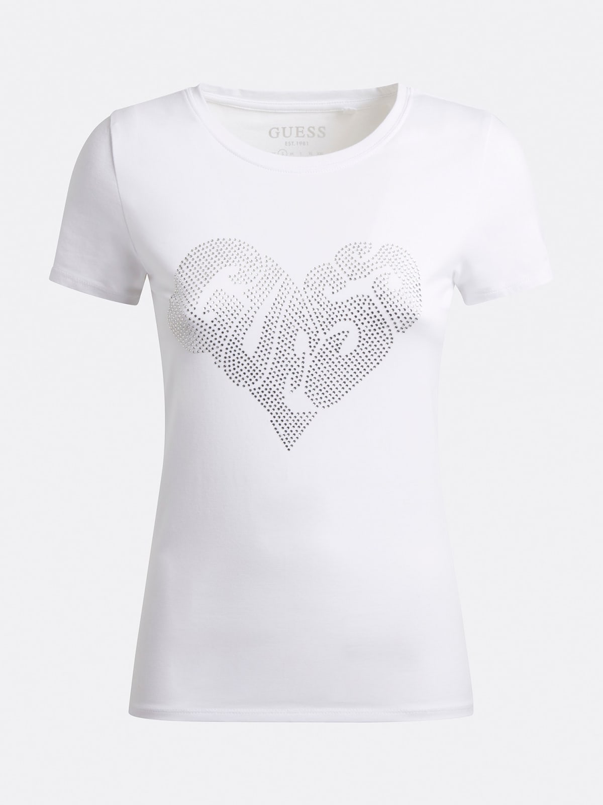GUESS  W2YI07 KA0Q1 Damen Logo-Print T-Shirt mit Glitzer  Perlen Weiss