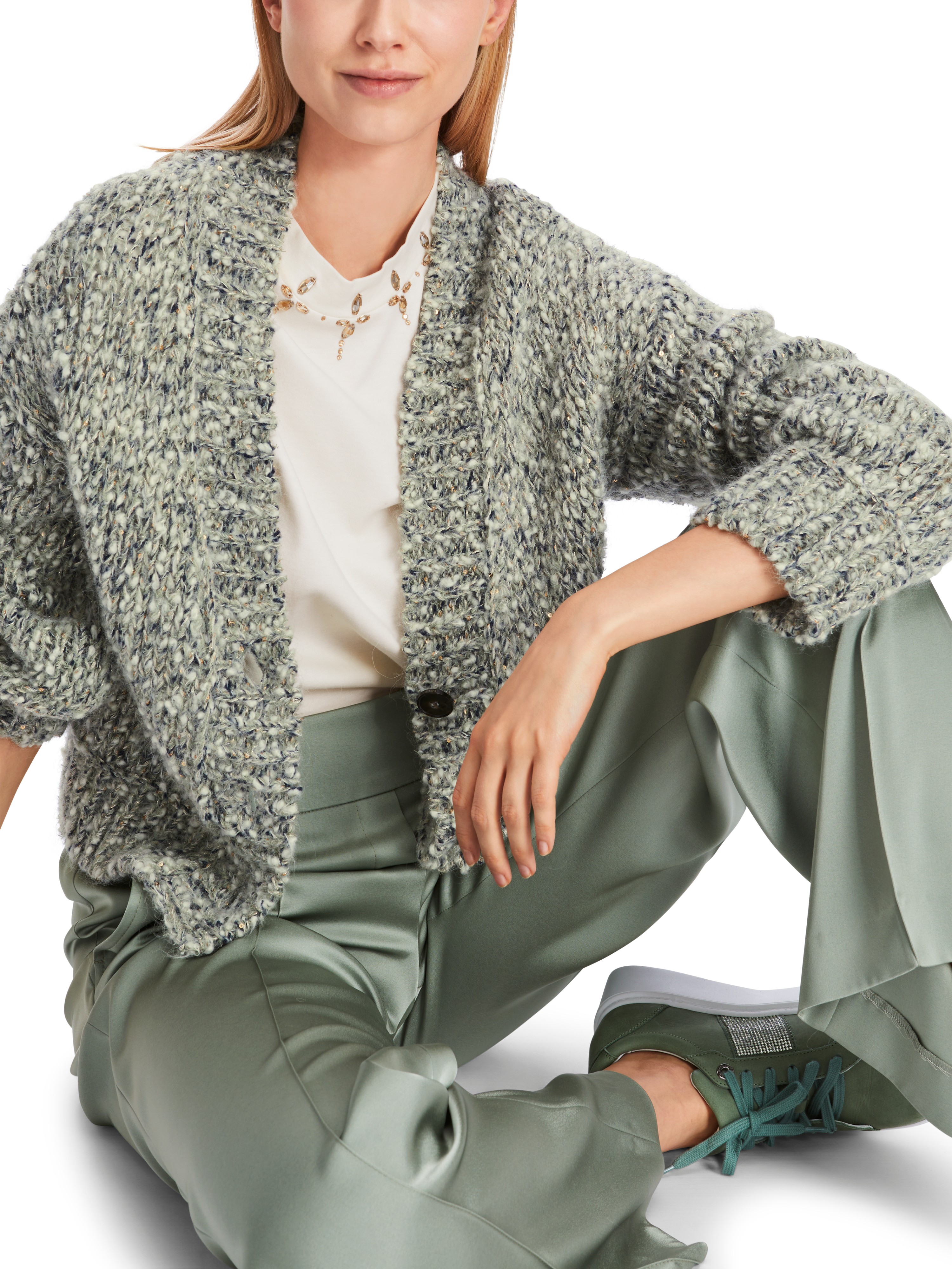 MARC CAIN XC 39.06 M13 Oversized Cardigan Knitted in Germany Frozen Sage Grün