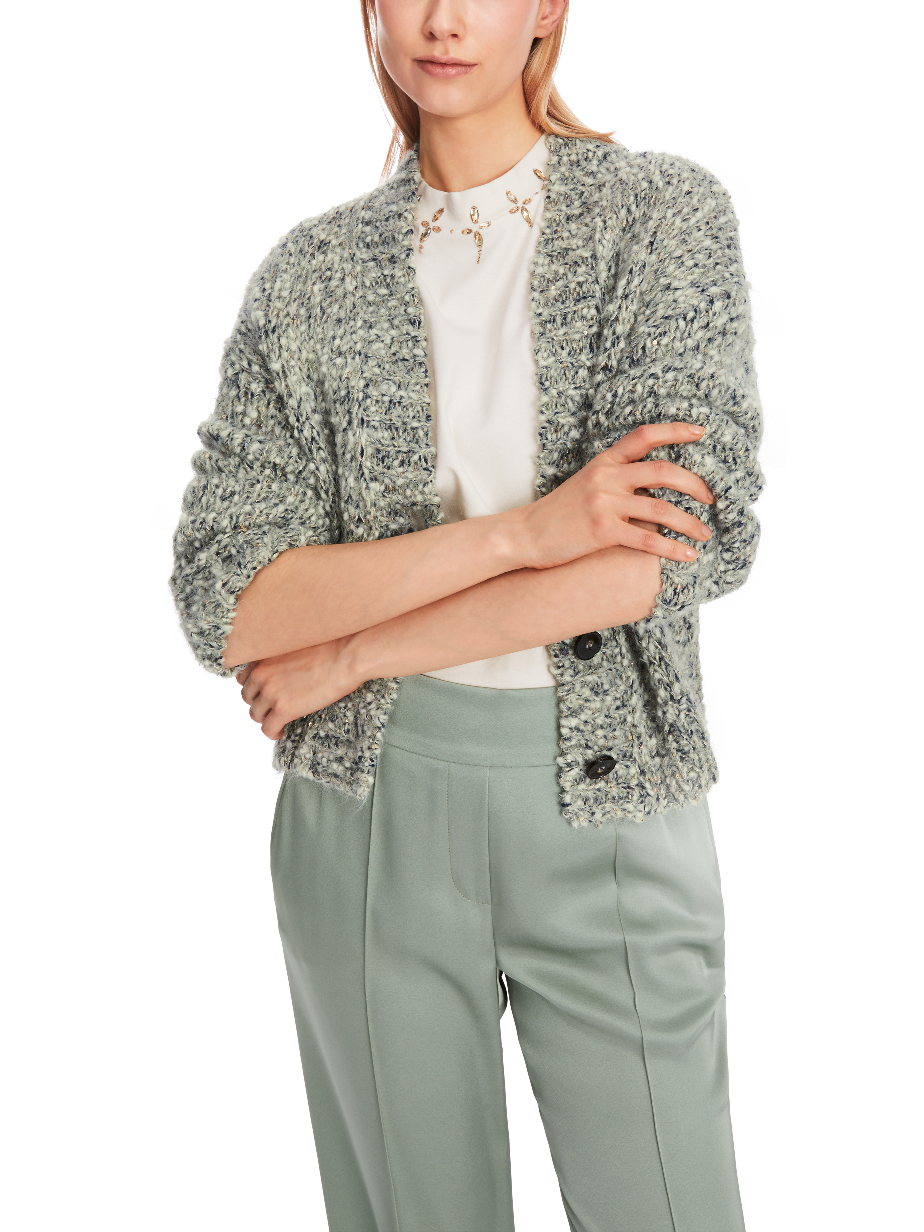 MARC CAIN XC 39.06 M13 Oversized Cardigan Knitted in Germany Frozen Sage Grün