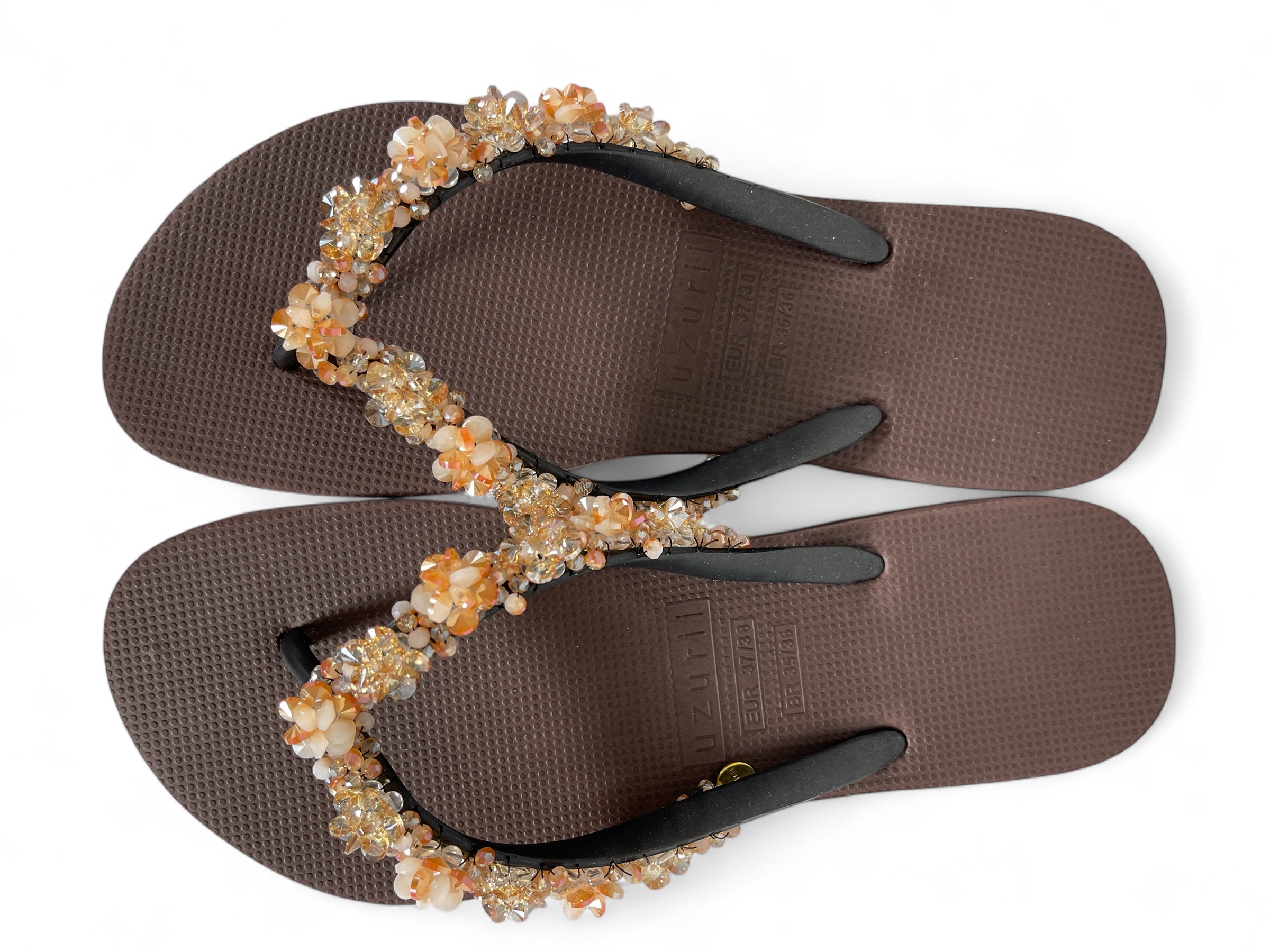 UZURII KOSTBARES BLOOM GOLD Damen Luxury Zehentrenner Ziersteine Coffee