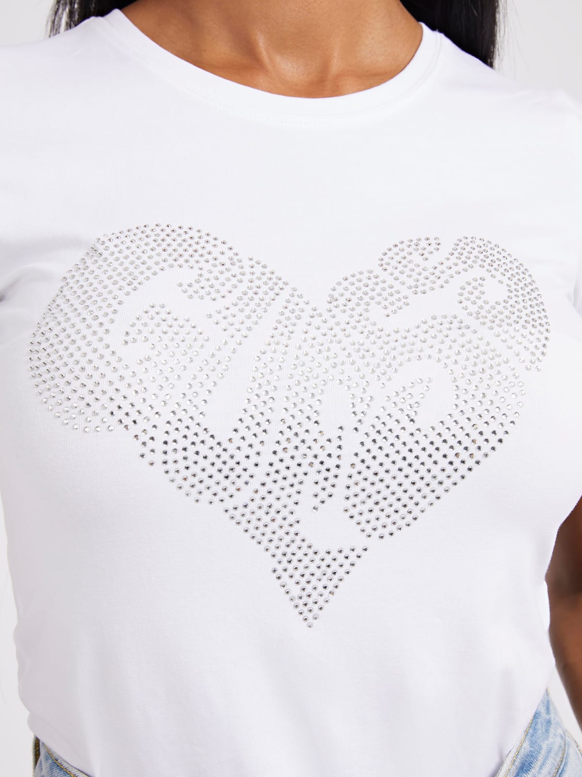 GUESS W2YI07 KA0Q1 Damen Logo-Print T-Shirt mit Glitzer  Perlen Weiß