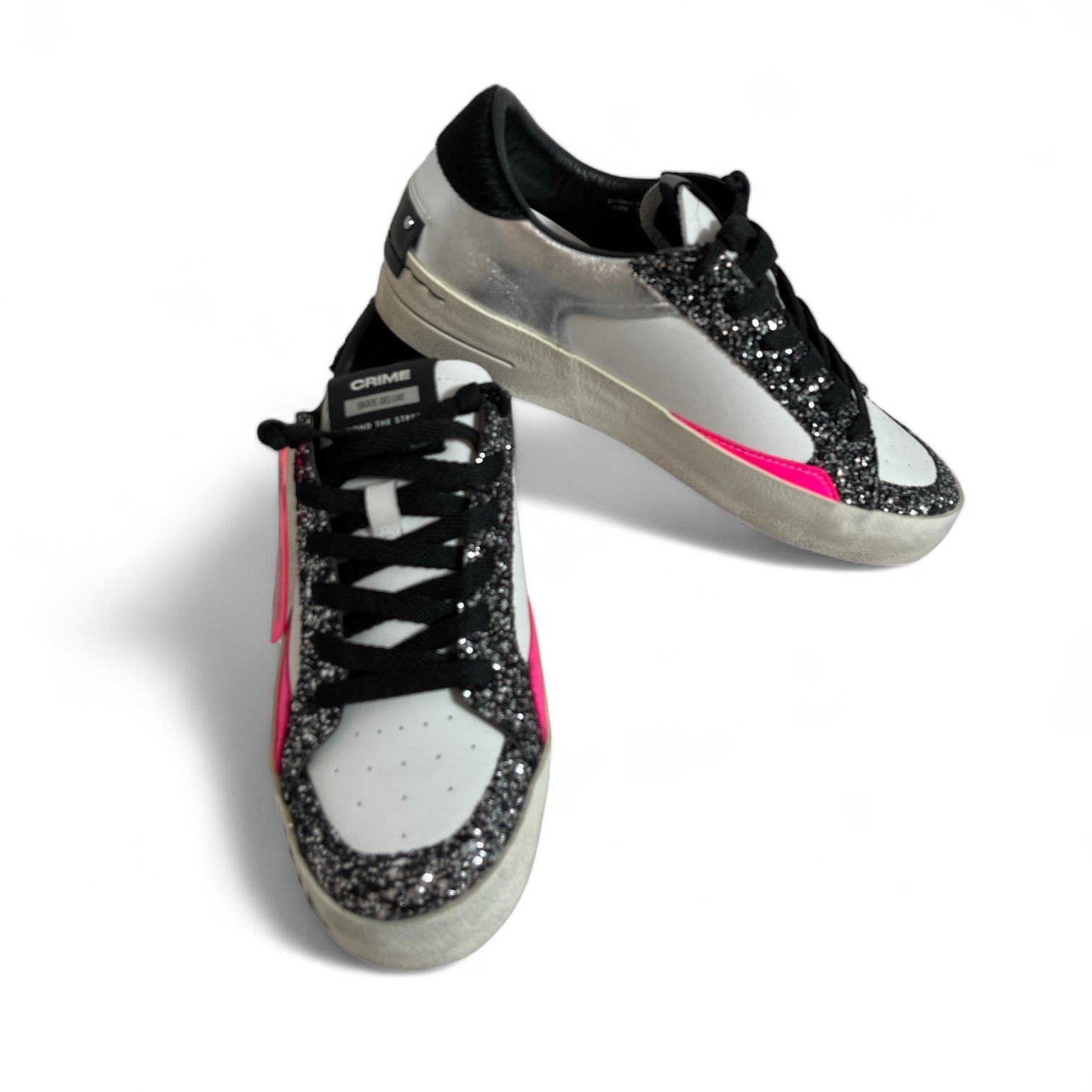 CRIME LONDON 21106AA7 SK8 DELUXE DAMEN SNEAKER AUS SCHWARZFARBENEM GLITZER BLACK-WHITE