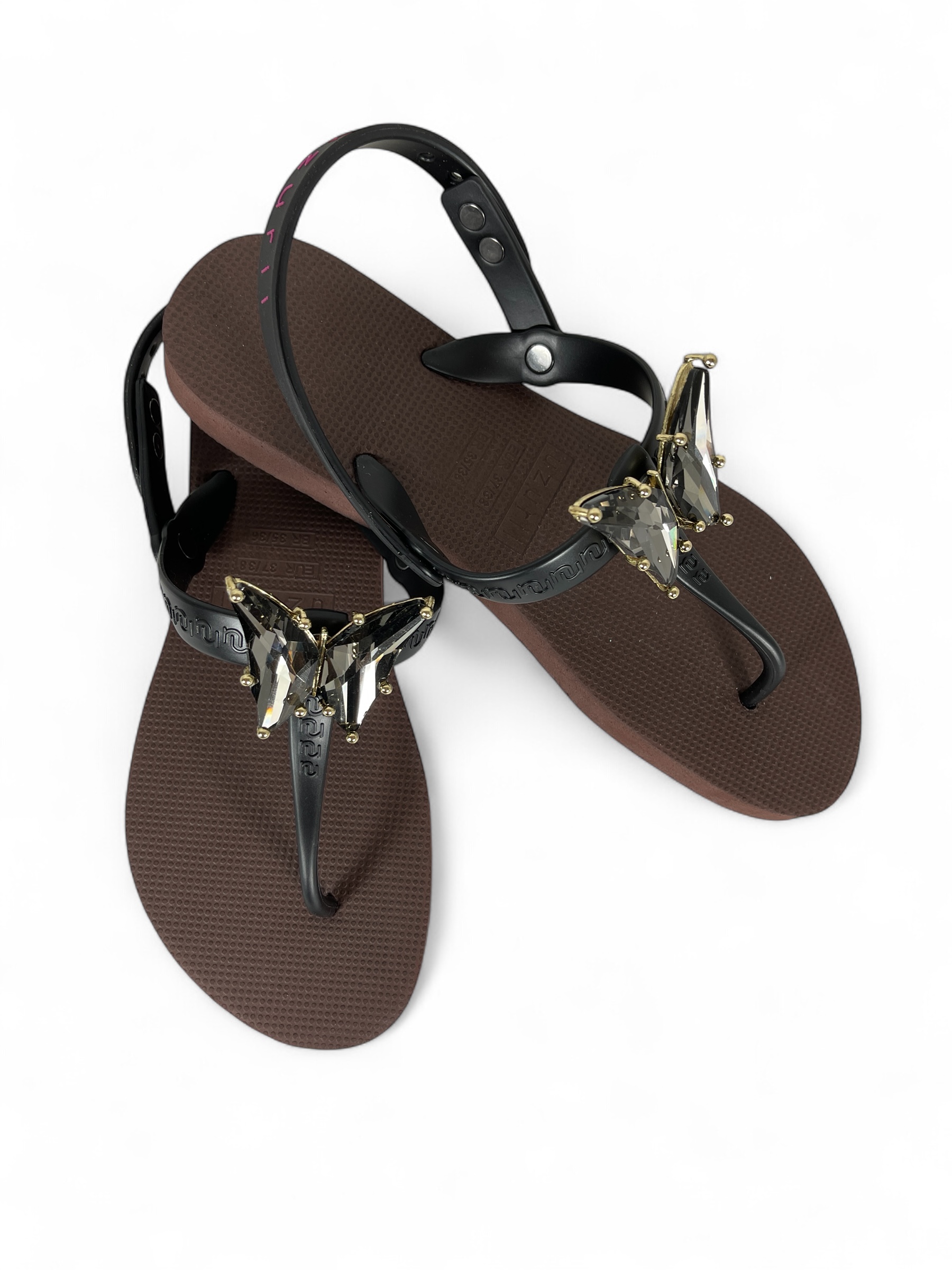 UZURII SELENA BUTTERFLY SILBER DAMEN FLIP FLOPS BADE ZEHENTRENNER STRASSSTEINE BRAUN